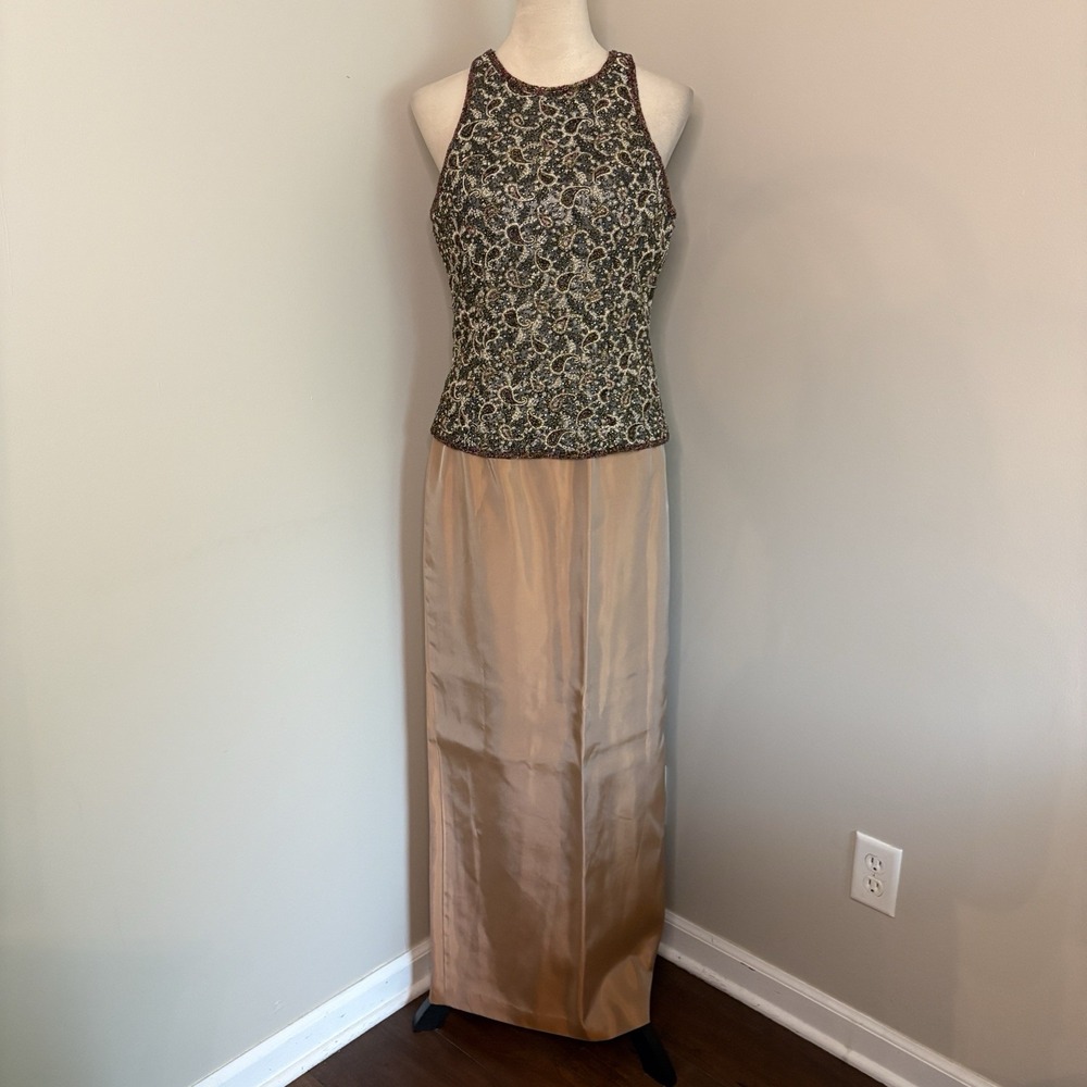 VTG Adrianna Papell Occasions Set Embroidered Beaded Top Bronze Maxi Skirt Sz 8